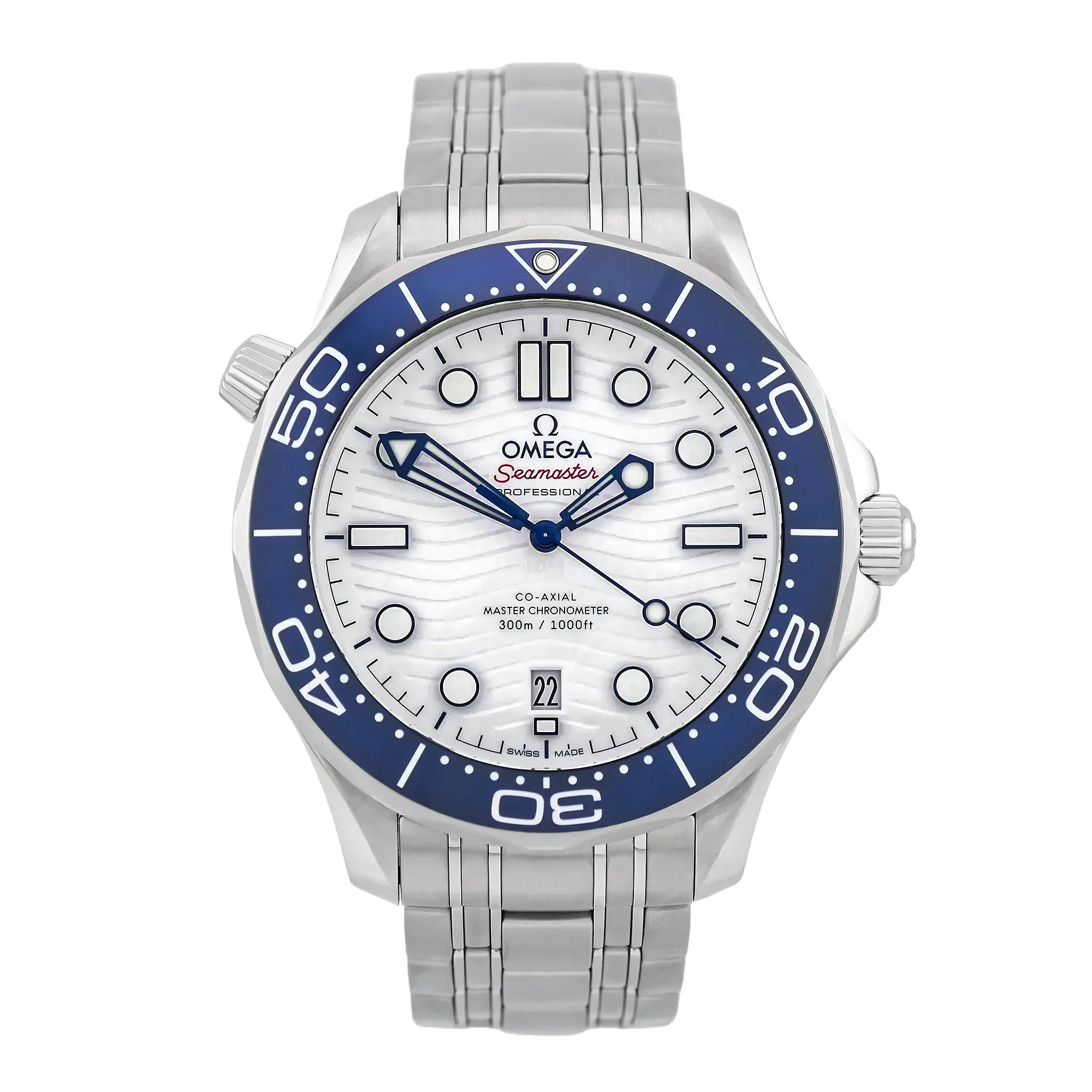 Omega Seamaster Diver 300M Tokyo 2020, Edelstahl mit weißem Keramikzifferblatt, Referenz 522.30.42.20.04.001, Zustand sehr gut, Frontansicht