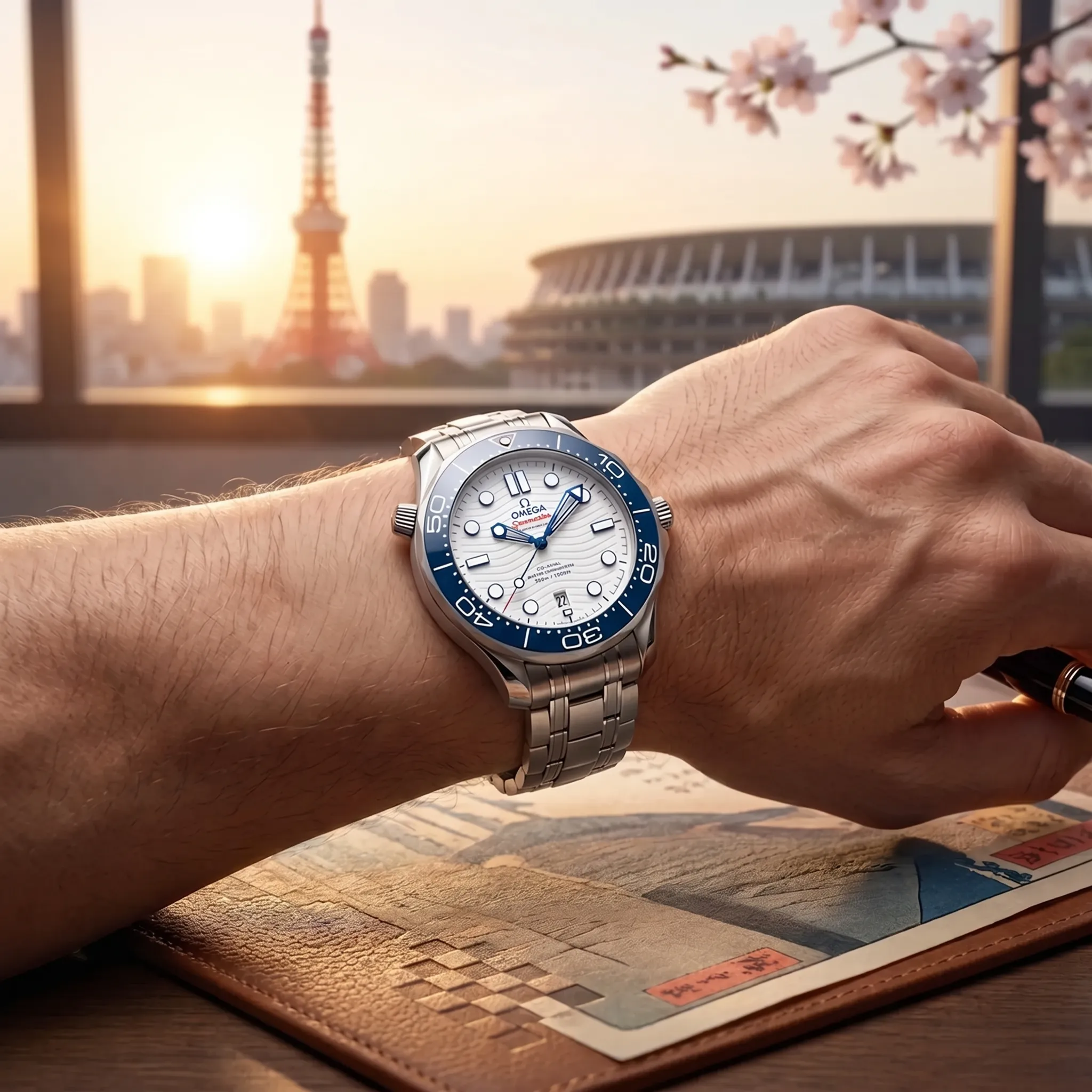 Omega Seamaster Diver 300M Tokyo 2020, Edelstahl mit blauer Keramiklünette, Referenz 522.30.42.20.04.001, am Handgelenk getragen, Wristshot