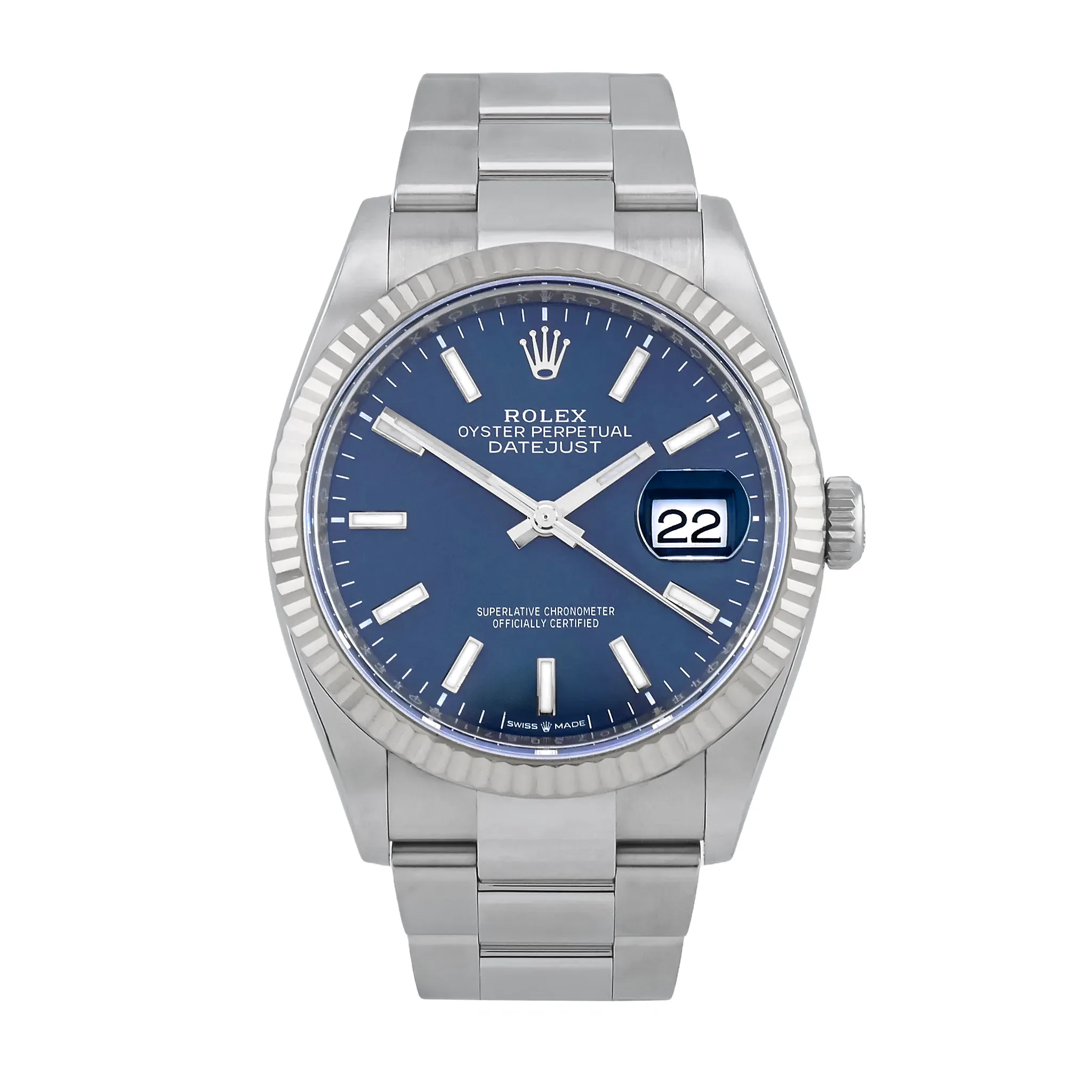 Rolex Datejust 36 Oystersteel blaues Zifferblatt 126234 Zustand sehr gut Frontansicht