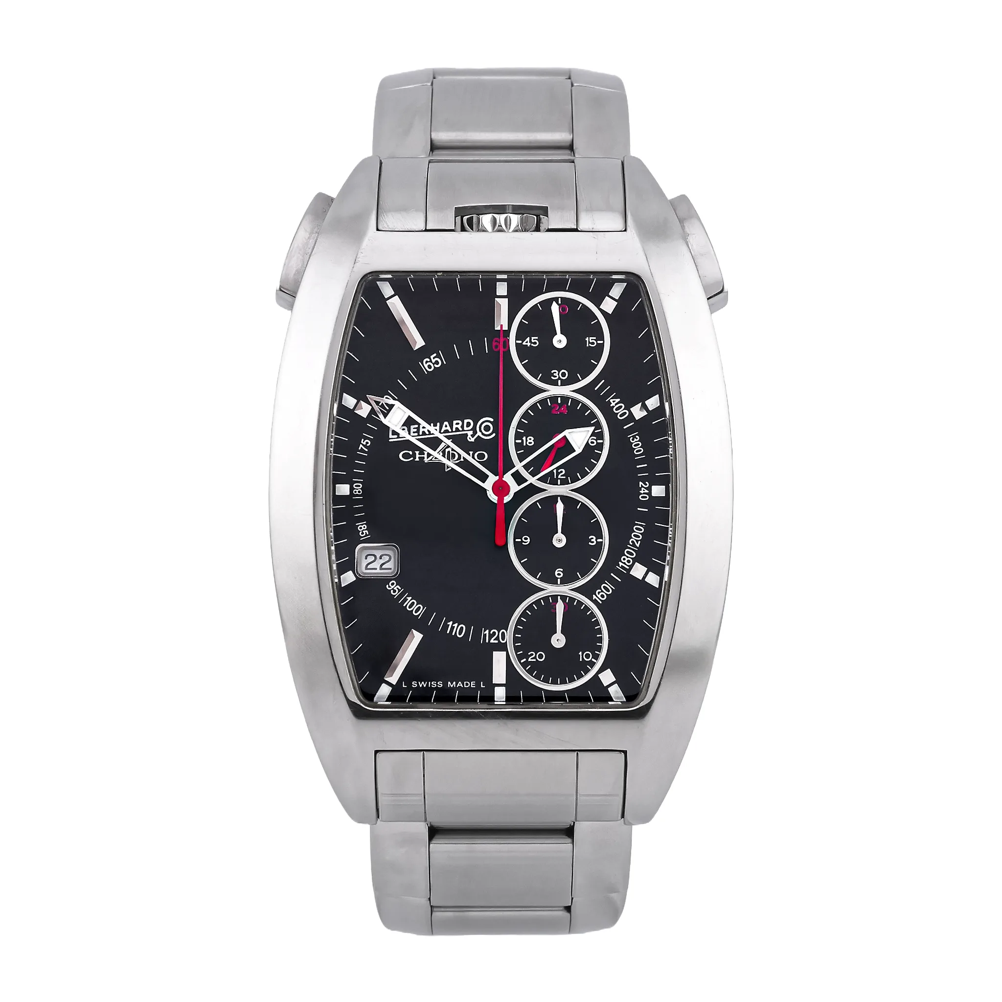 Eberhard Chrono 4 Temerario Ref. 31047 Frontansicht mit schwarzem Zifferblatt und vier vertikalen Zählern