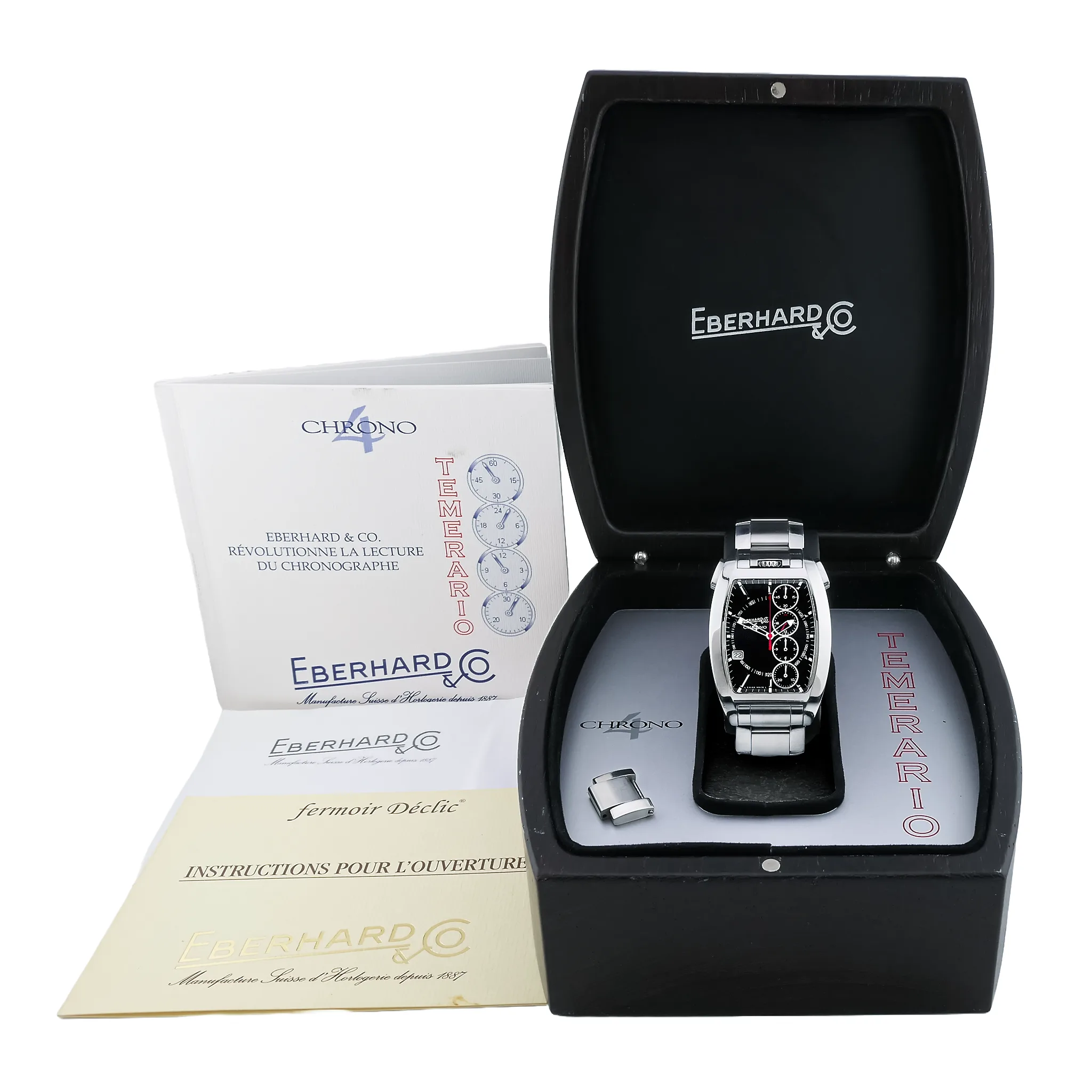 Eberhard Chrono 4 Temerario Ref. 31047 mit Originalbox, Broschüre, Anleitung zum Déclic-Verschluss und Zusatzglied