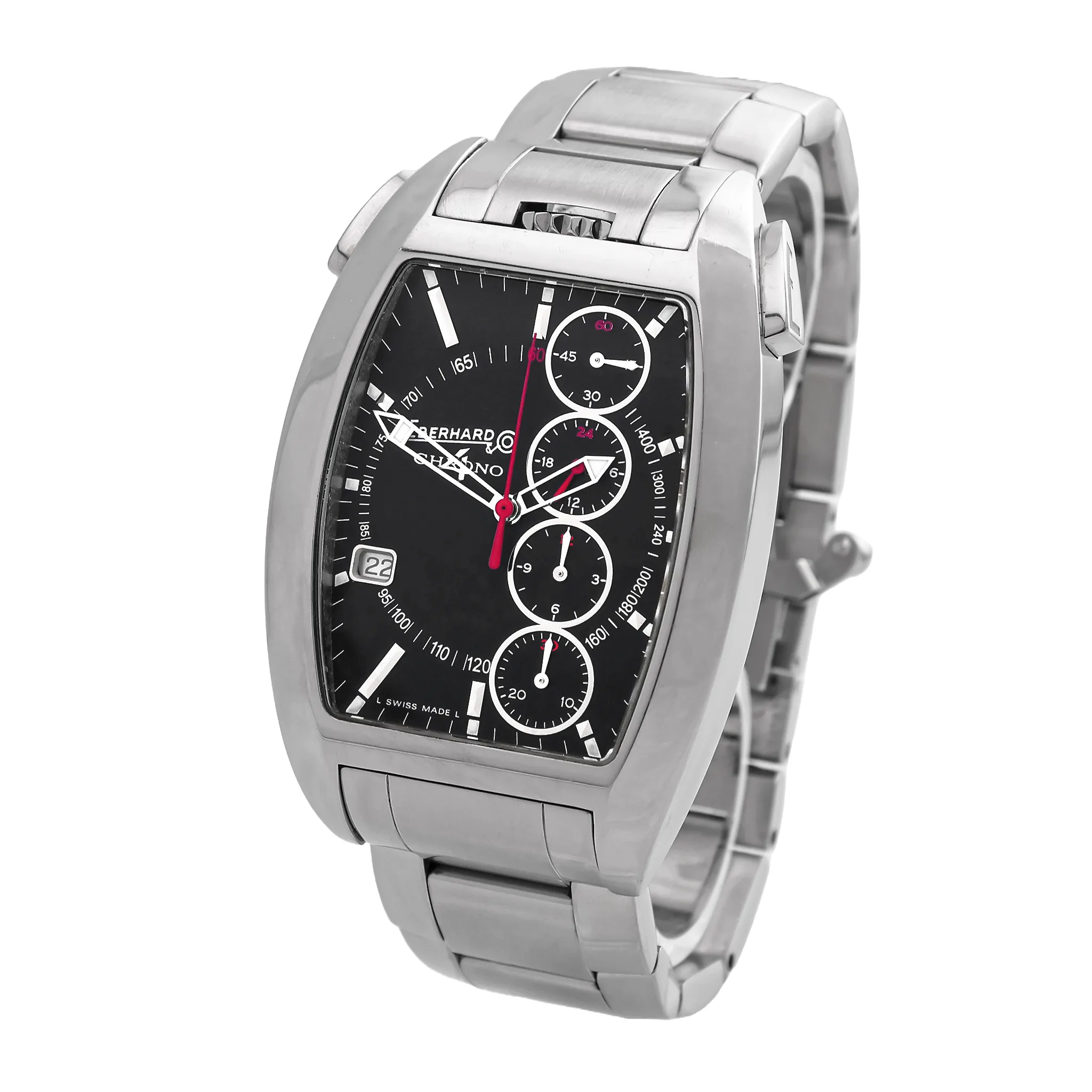 Eberhard Chrono 4 Temerario Ref. 31047 Schrägansicht von rechts mit Edelstahlarmband