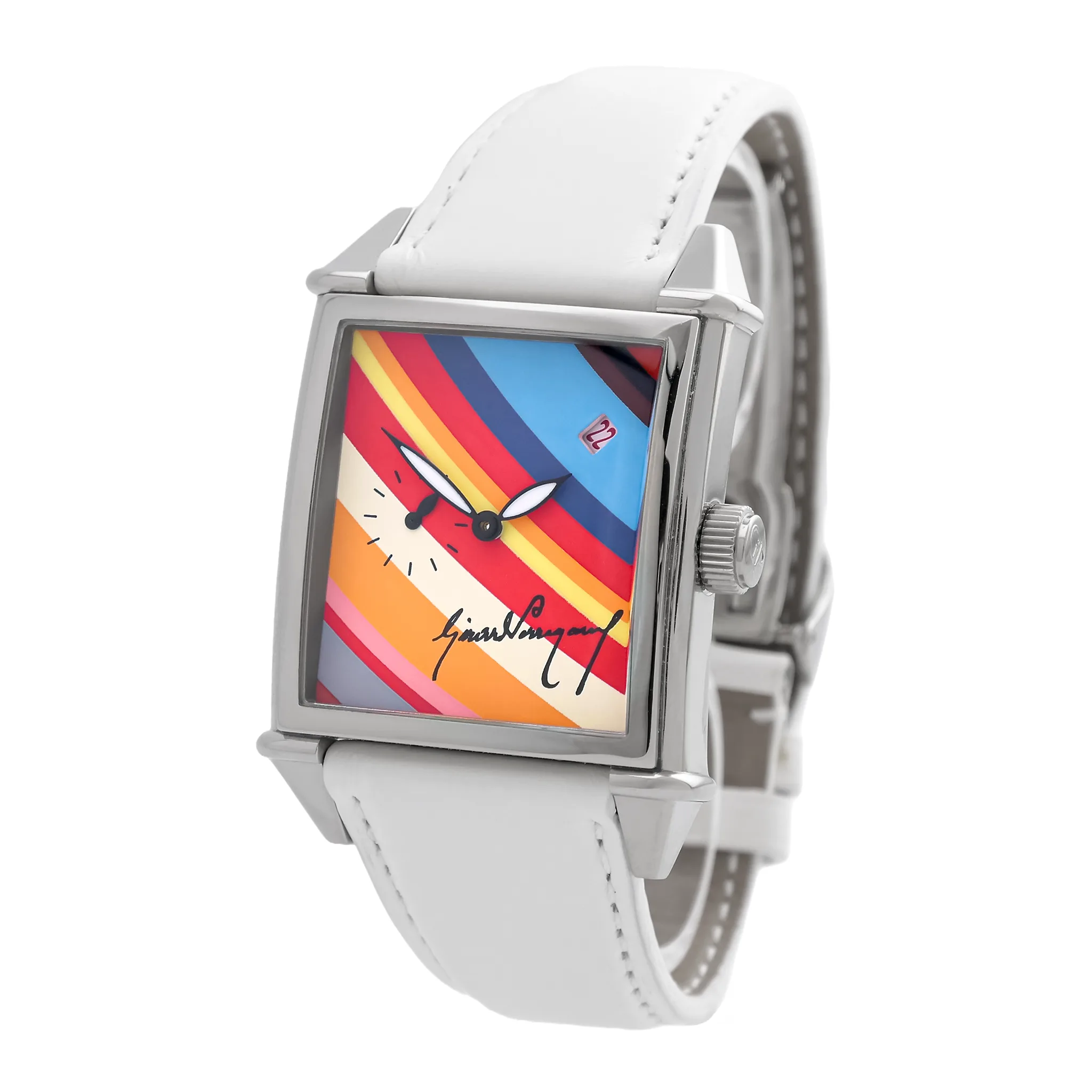 Girard-Perregaux Vintage 1945 Ref. 25830 mit Rainbow-Zifferblatt rechts, Krone und weißes Lederband