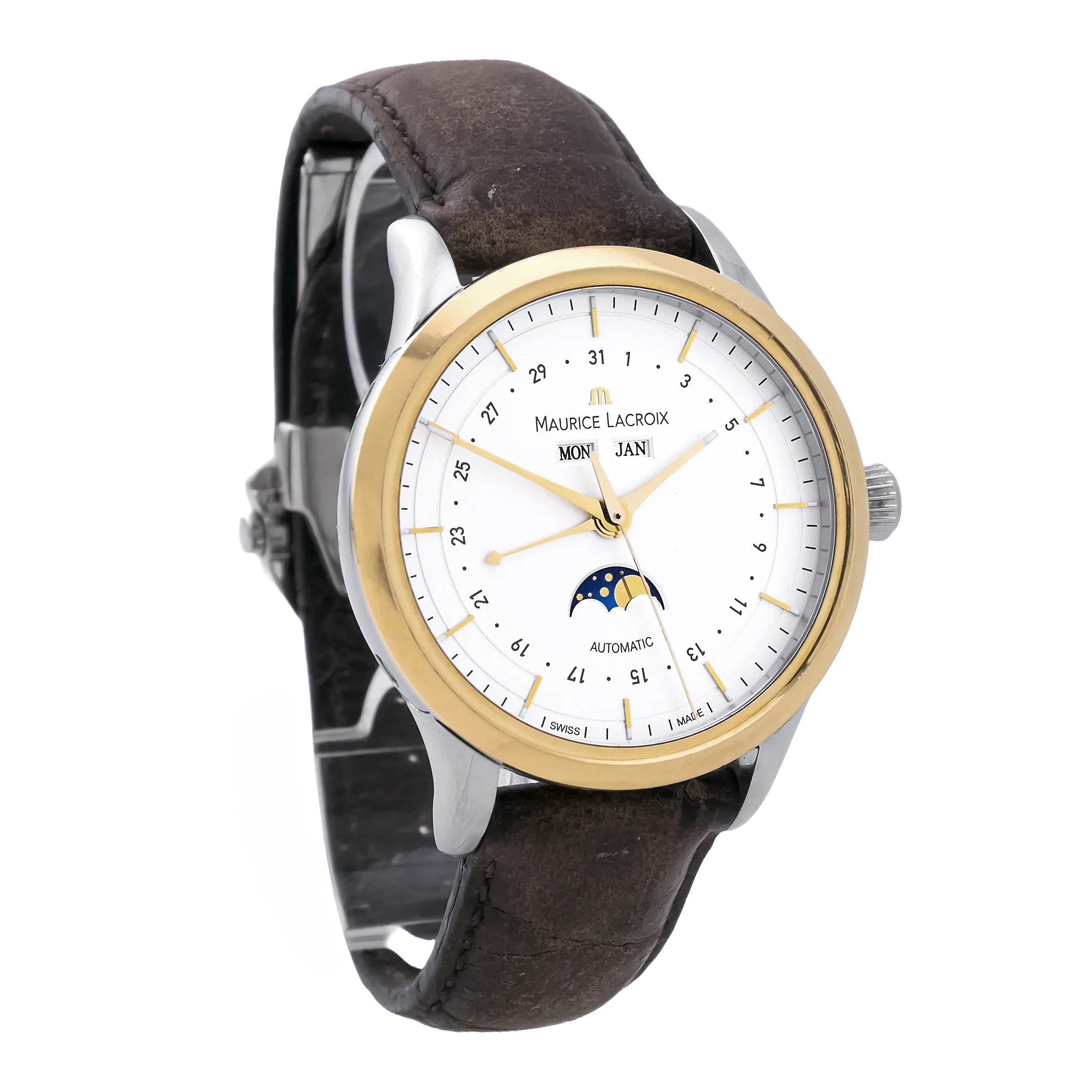 Maurice Lacroix Phases de Lune LC6068-YS101-13E Schrägansicht links mit Gelbgoldlünette